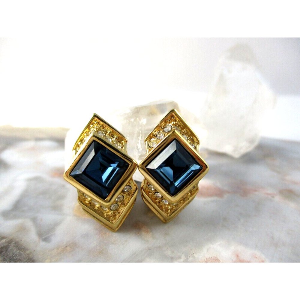 Vintage Christian Dior Blue Square Glass Stone Gold Clip Earrings
